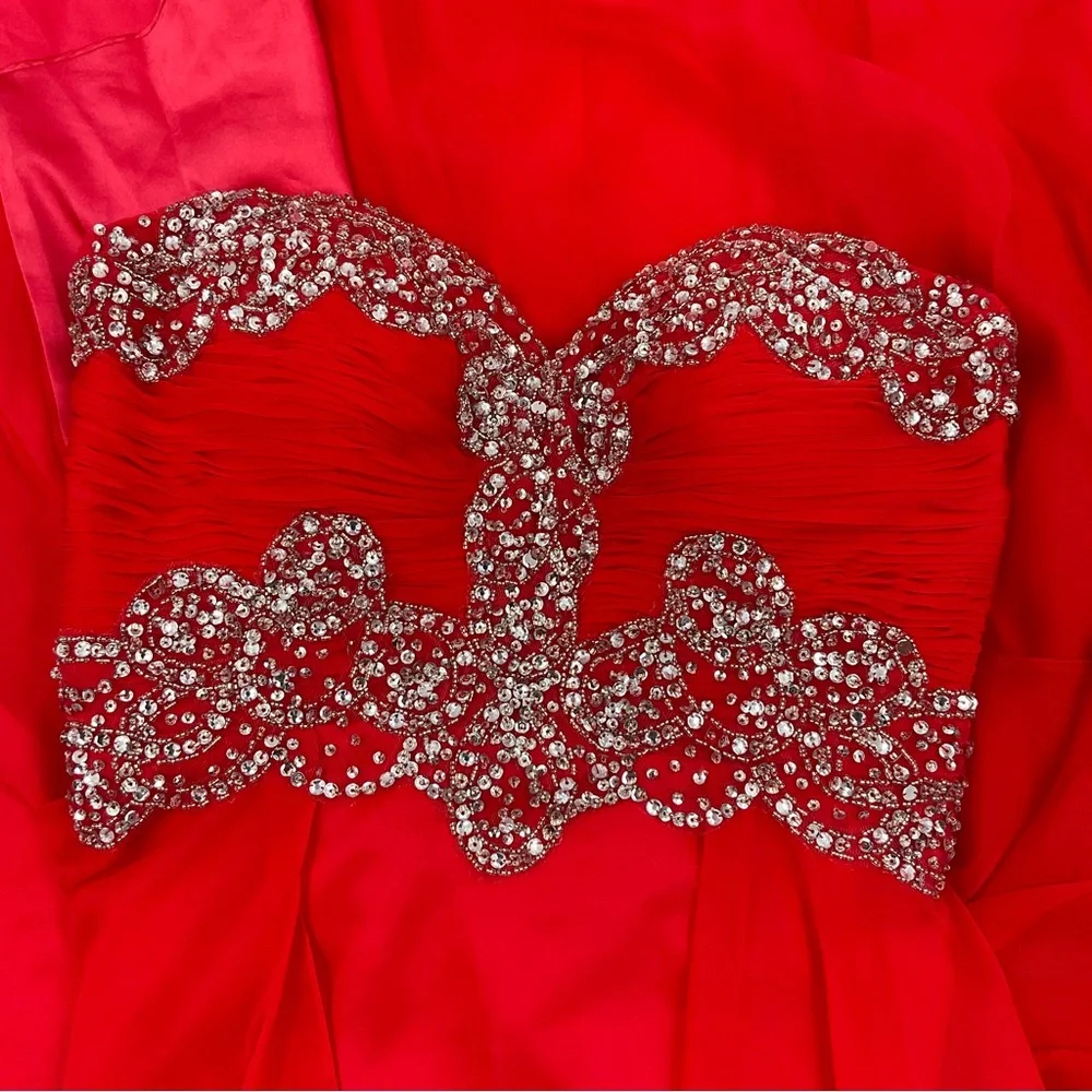 Mac Duggal Strapless Red Gown with Silver Detailing - Picture 16 of 16